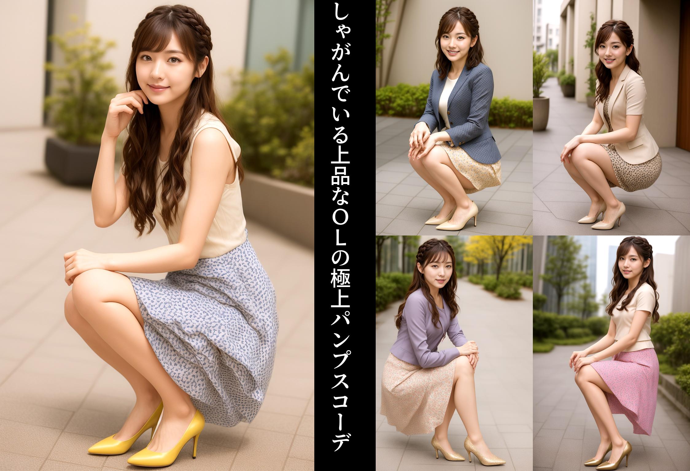 しゃがんでいる上品なＯＬの極上パンプスコーデ part3
