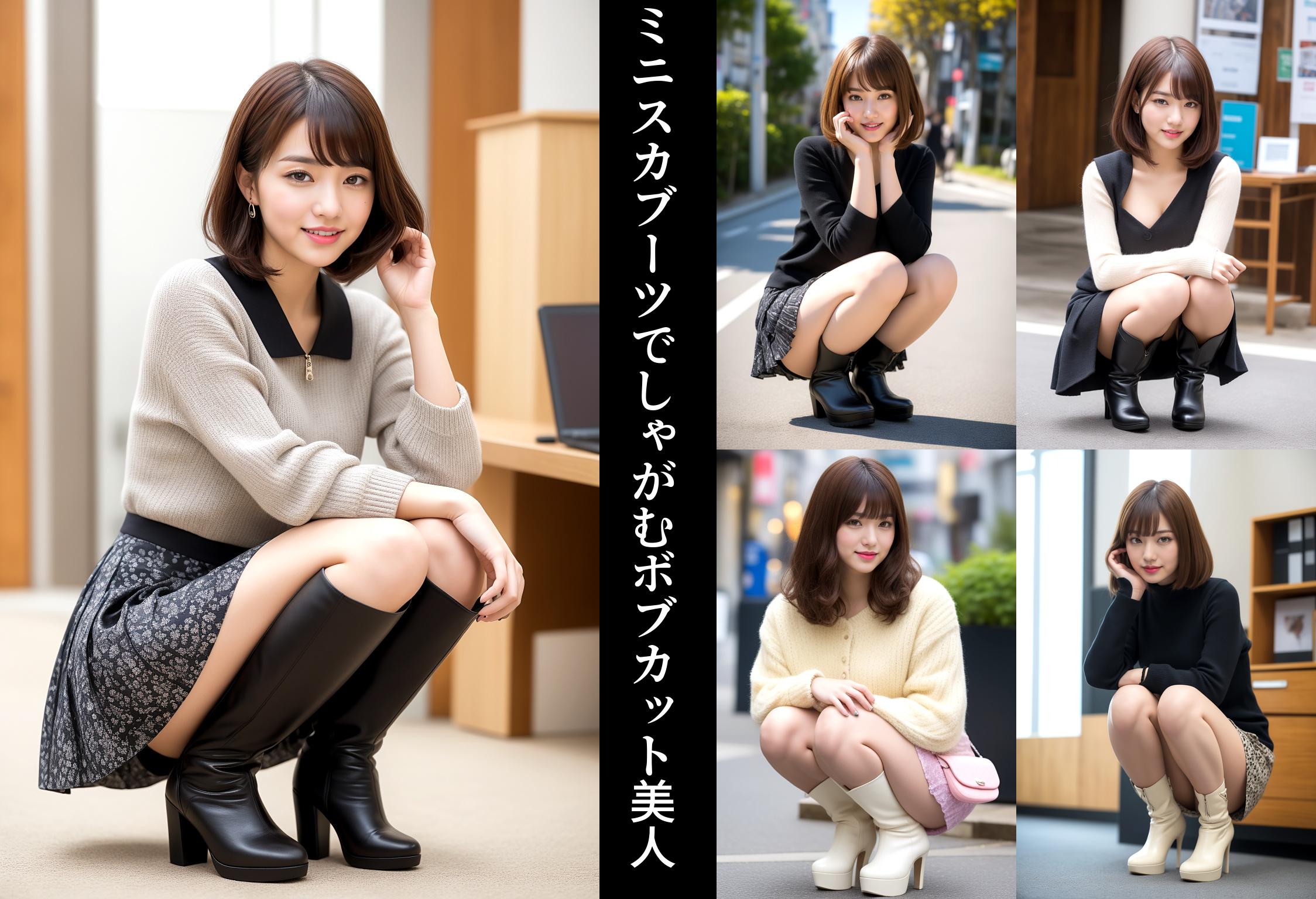 ミニスカブーツでしゃがむボブカット美人 part2