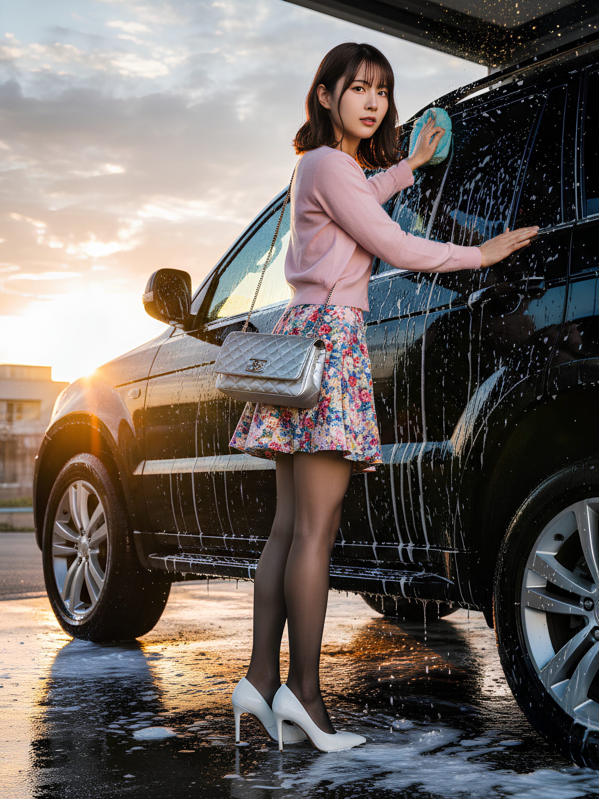 【高画質】ミニスカ黒ストで洗車する女 part2 黒スト ストッキング 1