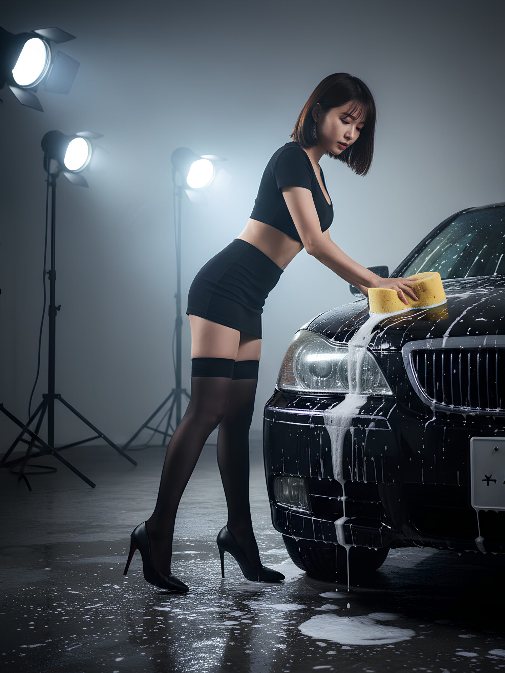 【高画質】ミニスカ黒ストで洗車する女 part2 黒スト ストッキング 4