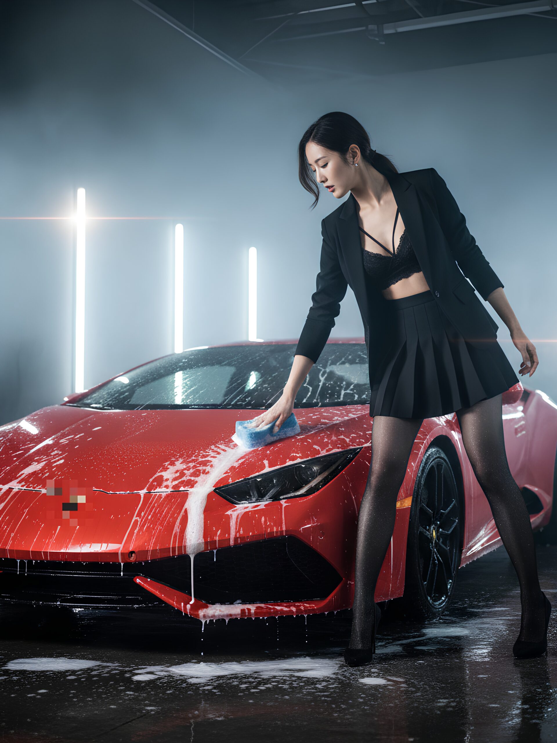 【高画質】ミニスカ黒ストで洗車する女 part2 黒スト ストッキング 1