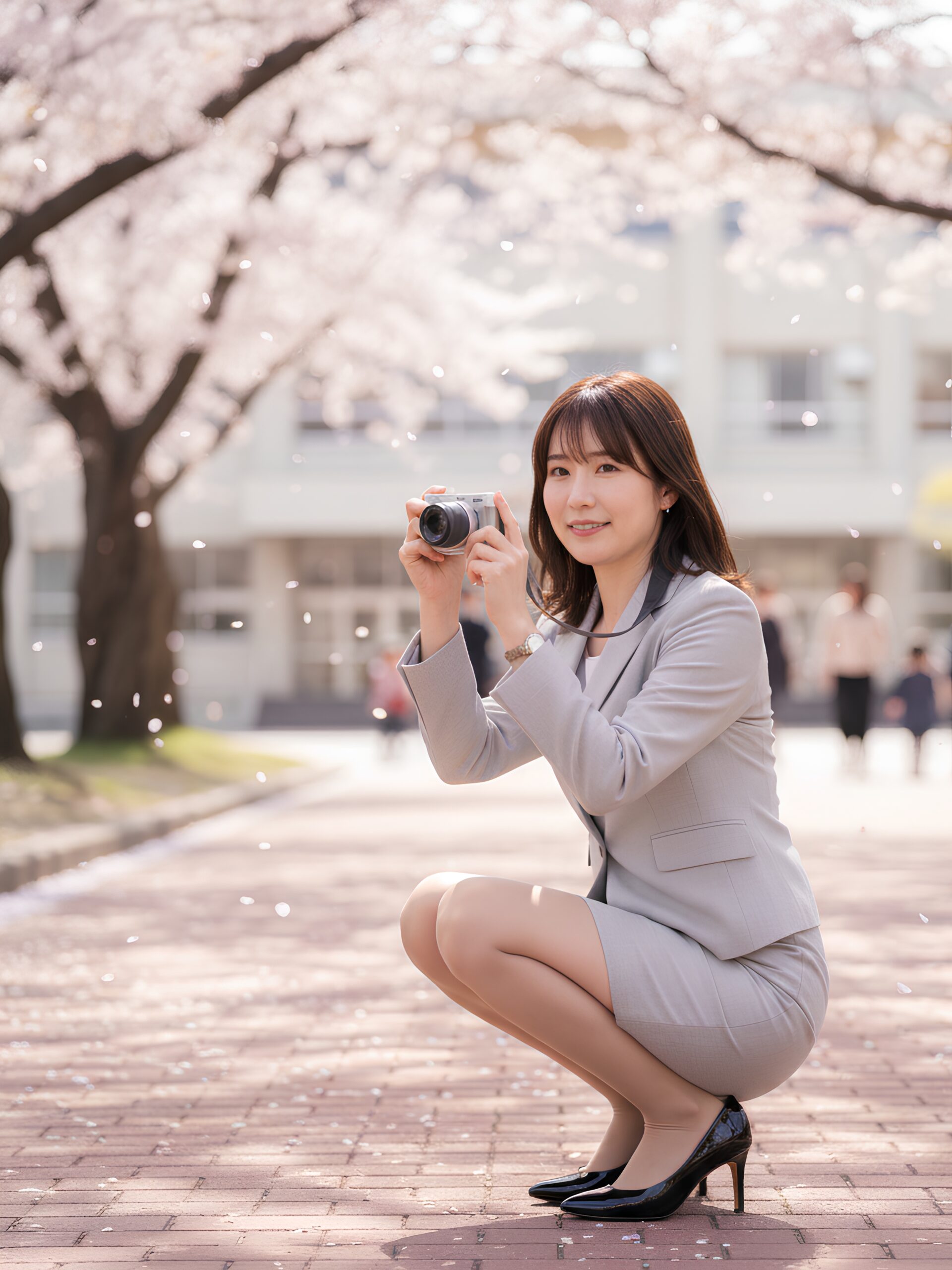【高画質】入学式でしゃがみながら写真撮影する若いママ part1 若妻 しゃがみ 5