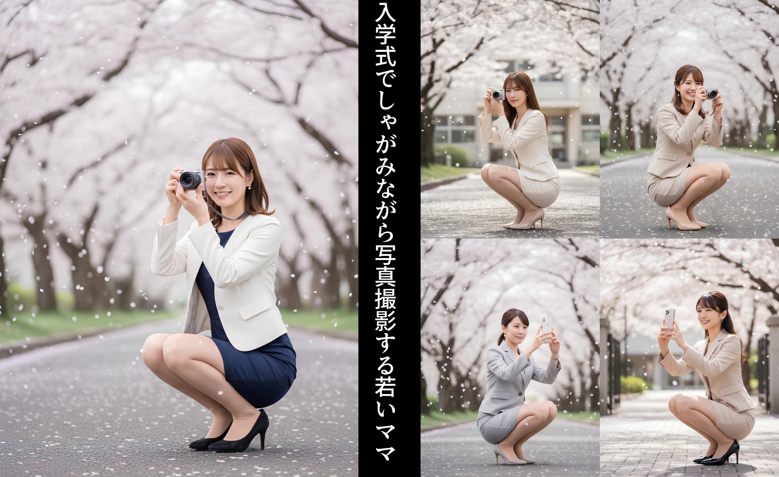 【高画質】入学式でしゃがみながら写真撮影する若いママ part1