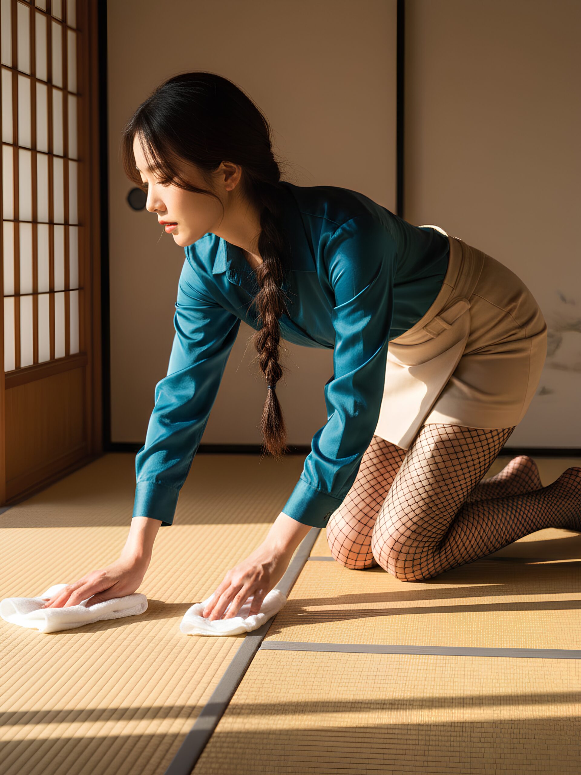 【高画質】網タイツで畳の部屋掃除をするオンナ part2 網タイツ 美脚 4