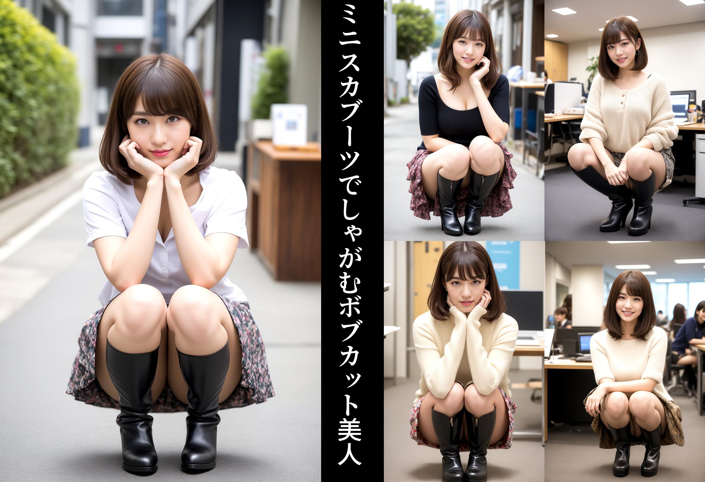 ミニスカブーツでしゃがむボブカット美人 part3
