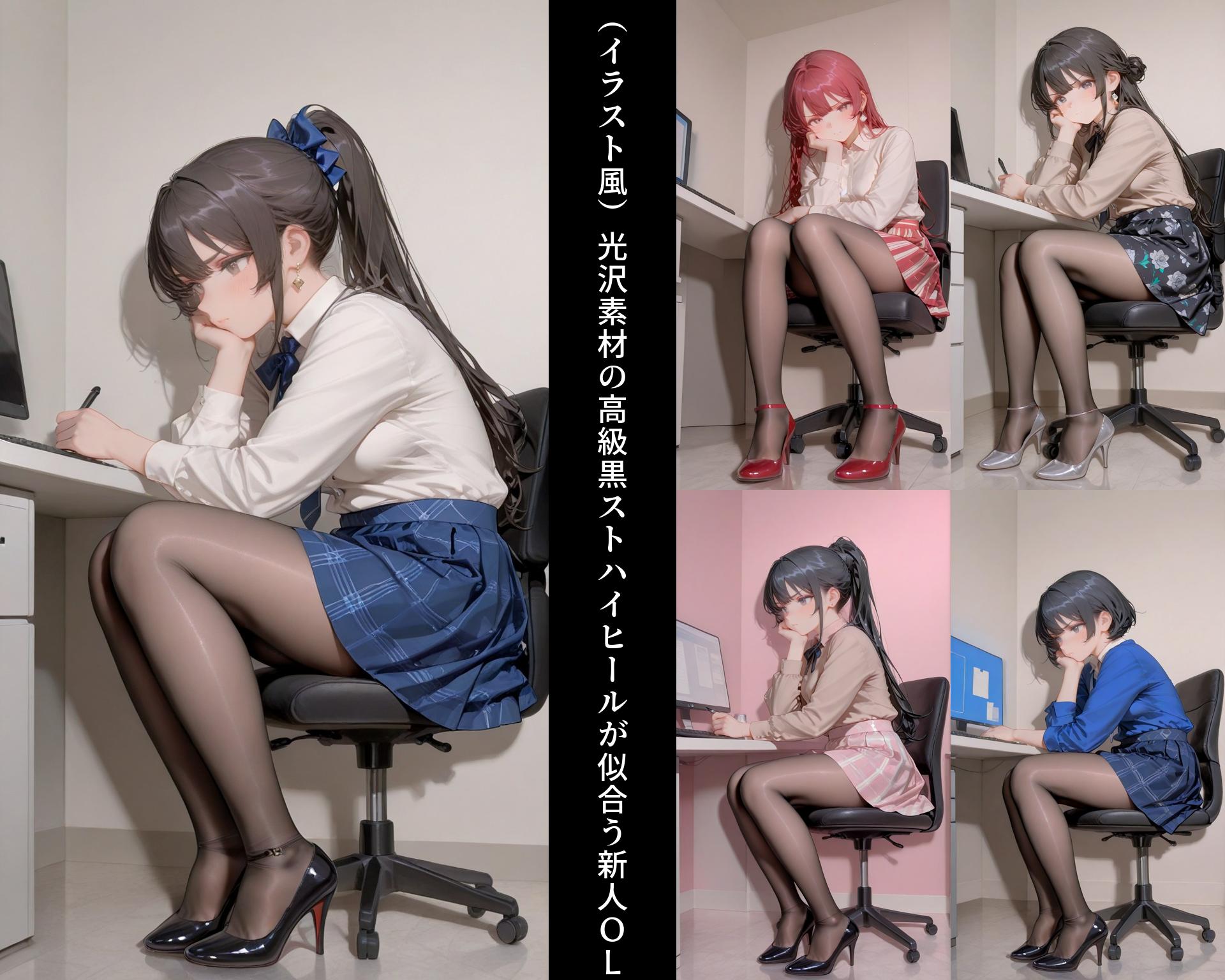 （イラスト風）光沢素材の高級黒ストハイヒールが似合う新人OL part1