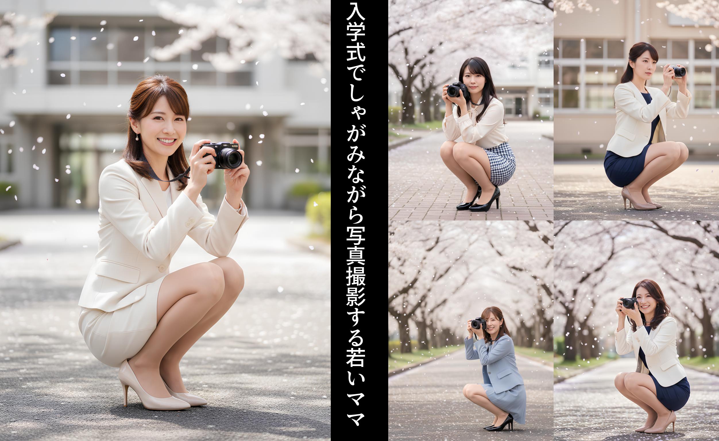 【高画質】入学式でしゃがみながら写真撮影する若いママ part2