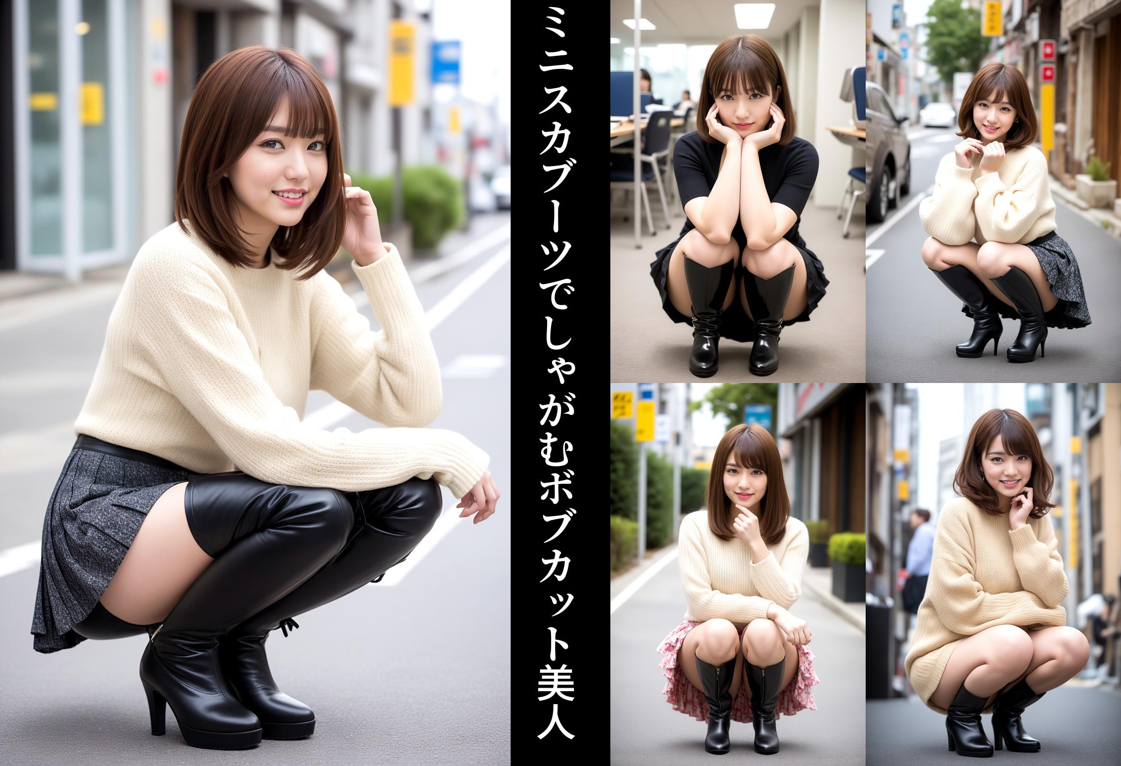 ミニスカブーツでしゃがむボブカット美人 part4